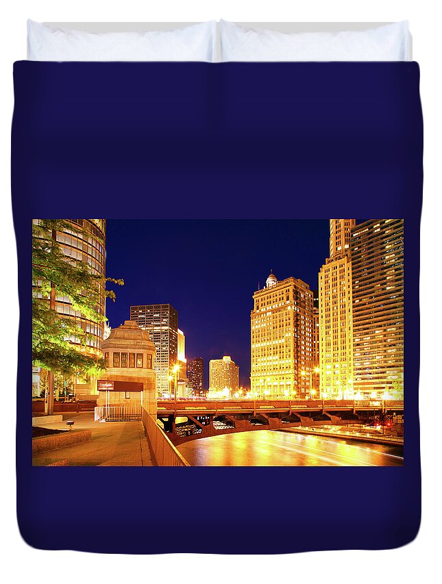 Chicago Skyline Duvet Cover featuring the photograph Chicago Skyline River Bridge Night by Patrick Malon