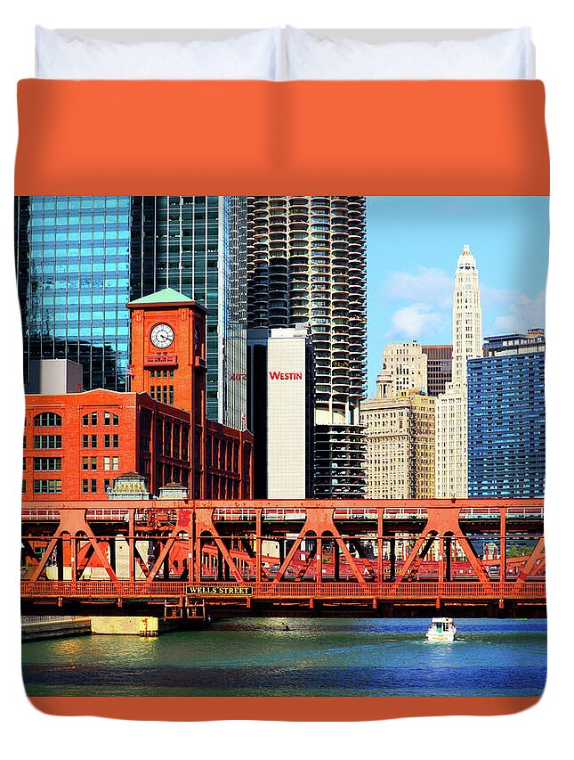 Chicago Skyline Duvet Cover featuring the photograph Chicago Skyline River Bridge by Patrick Malon