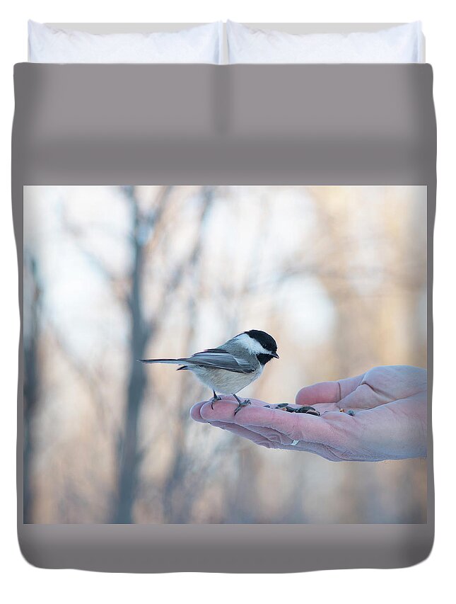 Chickadee Duvet Cover featuring the photograph Chickadee On Hand by Karen Rispin