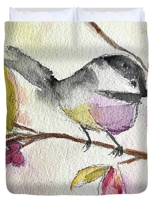 Watercolor Chickadee Duvet Cover featuring the painting Chickadee perched in a Tree by Roxy Rich