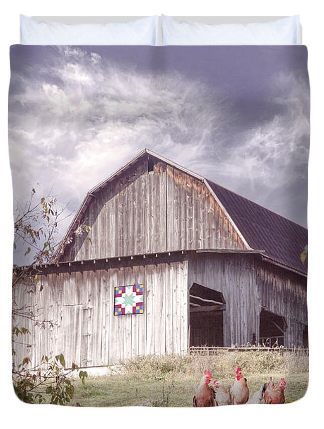 Old Duvet Cover featuring the photograph Chickens at the Farmhouse Barn by Debra and Dave Vanderlaan