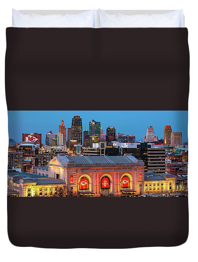 Kansas City Duvet Cover featuring the photograph Champion City Vibes - Kansas City Skyline Panorama by Gregory Ballos