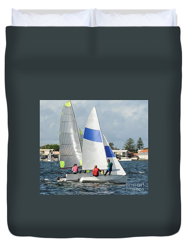 Csne63 Duvet Cover featuring the photograph Children close racing small sailboats on a coastal lake. by Geoff Childs