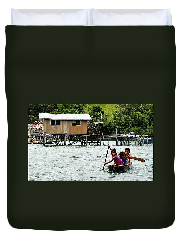 Sea Duvet Cover featuring the photograph Children Of The Reef - Sea Gypsy Village, Sabah. Malaysian Borneo by Earth And Spirit