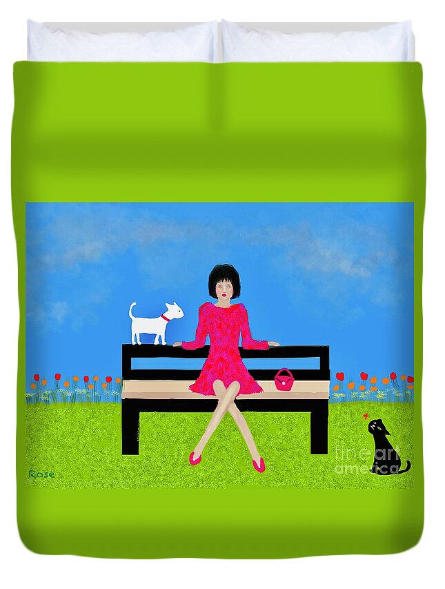 Woman Duvet Cover featuring the digital art Chilling in the park by Elaine Hayward