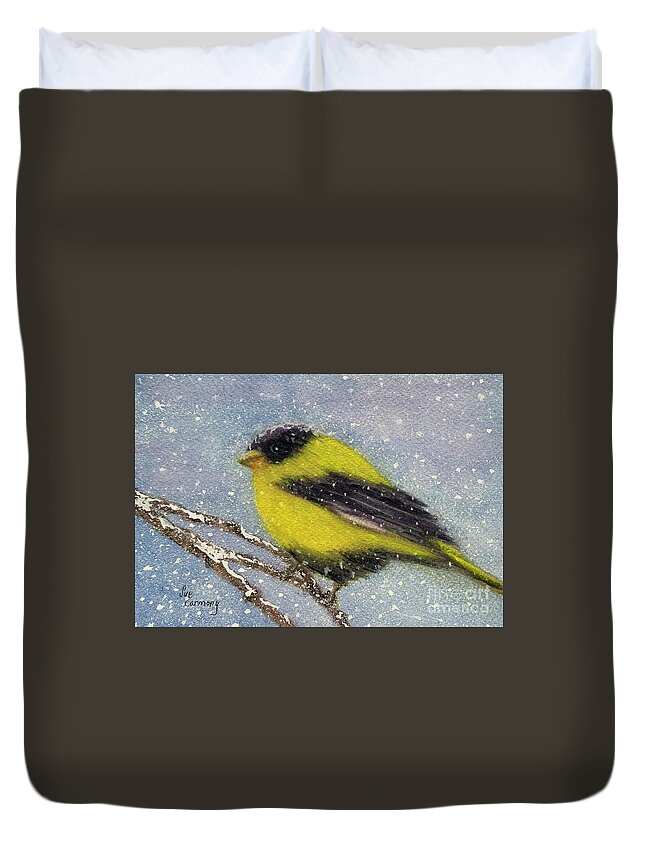 Bird Duvet Cover featuring the painting Chilly Goldfinch by Sue Carmony
