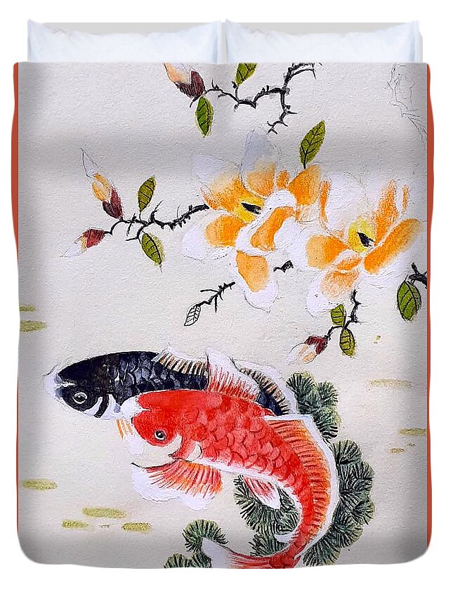 Watercolor Pencils Duvet Cover featuring the painting Chinese fishes by Carolina Prieto Moreno