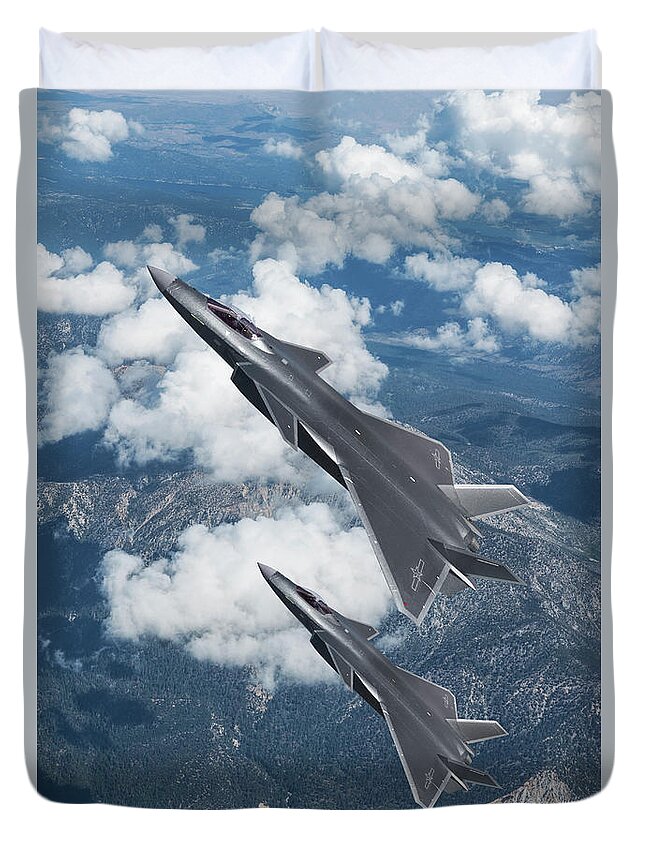 People's Liberation Army Air Force Duvet Cover featuring the digital art Chinese J-20 Stealth Fighters by Erik Simonsen