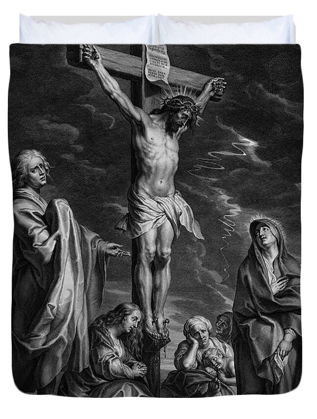 Christ On The Cross Duvet Cover featuring the painting Christ on the Cross, with Mary and Johannes by Engraver Schelte Adamsz Bolswert Classical Art by Rolando Burbon
