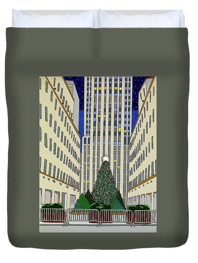 Rockefeller Center Christmas Tree New York City Christmas Duvet Cover featuring the painting Christmas at Rockefeller Center by Mike Stanko