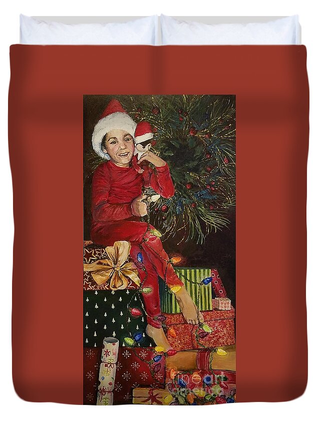 Christmas Duvet Cover featuring the painting Christmas elves by Merana Cadorette