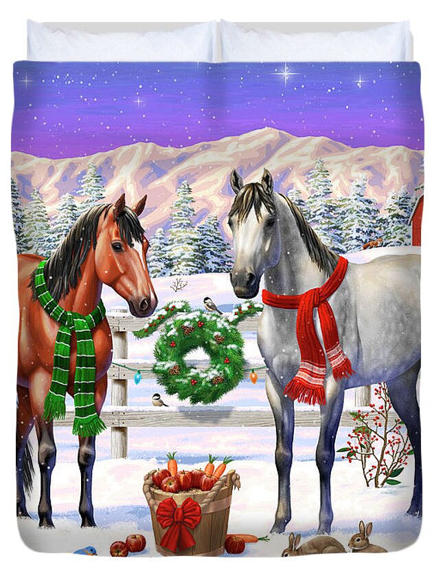 Christmas Duvet Cover featuring the painting Christmas Horses Winter Farm Scene by Crista Forest