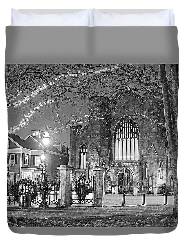 Salem Duvet Cover featuring the photograph Christmas in Salem MA Washington Park Salem Witch Museum Black and White by Toby McGuire