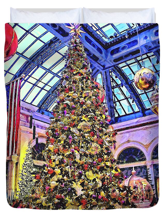 Christmas Tree Duvet Cover featuring the photograph Christmas Tree, Bellagio, Las Vegas by Tatiana Travelways