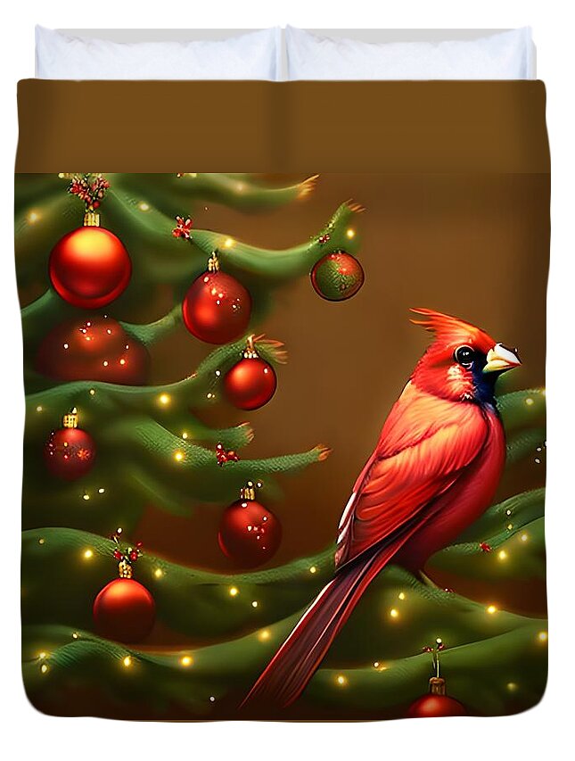 Digital Bird Christmas Tree Red Duvet Cover featuring the digital art Christmas Tree Cardinal by Beverly Read