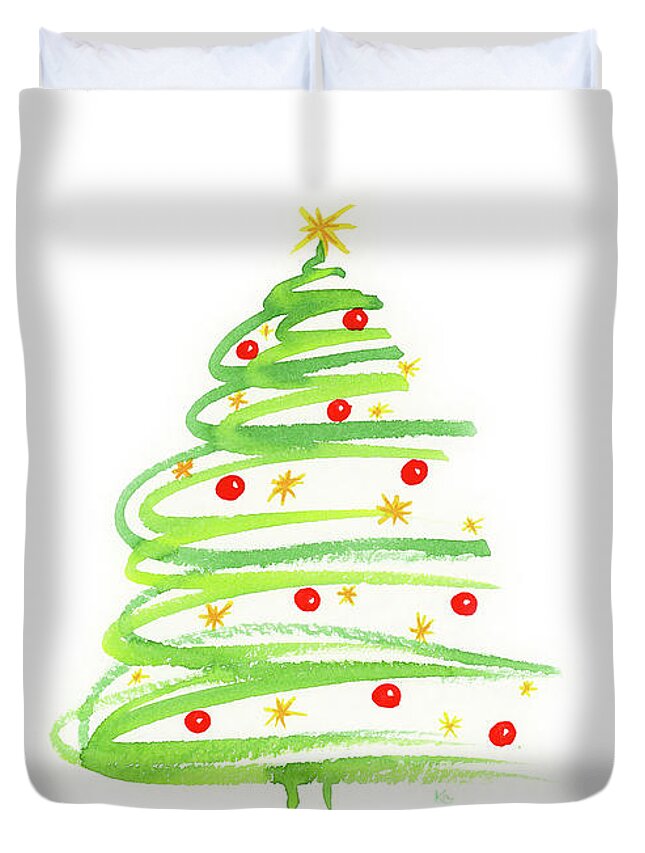 Christmas Duvet Cover featuring the painting Christmas tree with decoration by Karen Kaspar