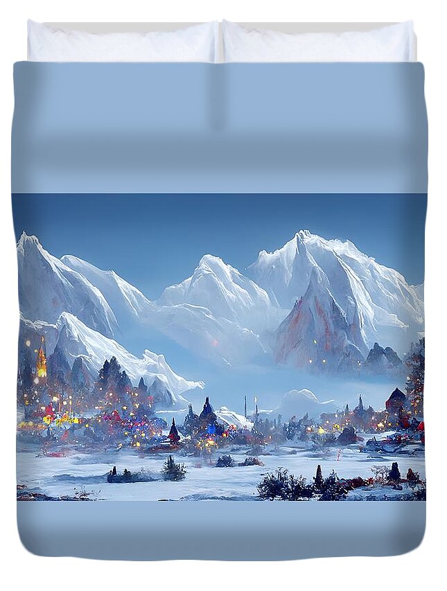 Digital Valley Peaks Snow Town Village Duvet Cover featuring the digital art Christmas Valley by Beverly Read