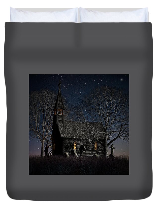 Church Nun Dark Stars Graves Blue Nightfall Darkness Country Duvet Cover featuring the digital art Church at Dusk by Alisa Williams