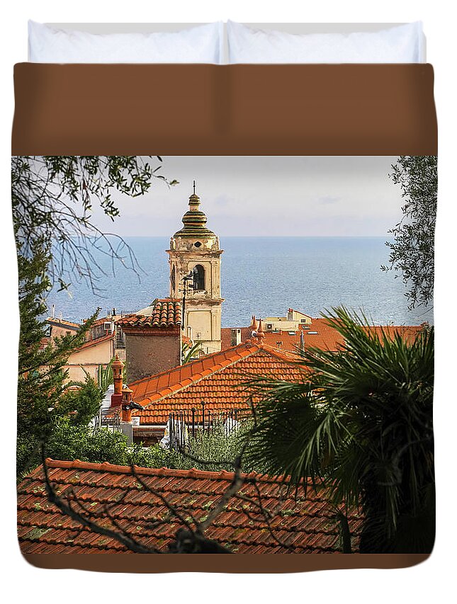 Jenny Rainbow Fine Art Photography Duvet Cover featuring the photograph Church Bell Tower - View from Gardens of Villa Pompeo Mariani - Bordighera by Jenny Rainbow