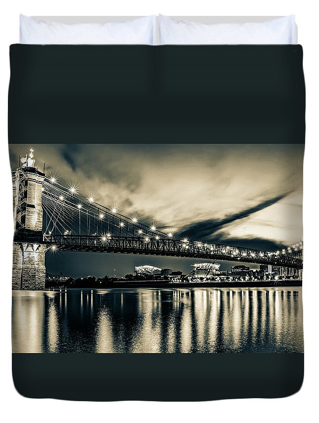 Cincinnati Ohio Duvet Cover featuring the photograph Cincinnati Ohio Roebling Bridge Panorama - Sepia by Gregory Ballos