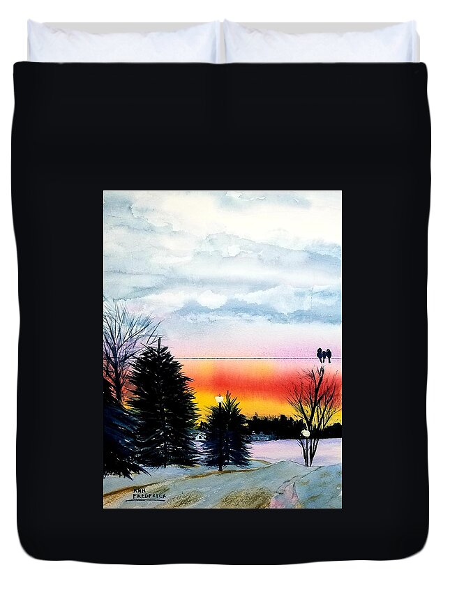 Michigan Sunset Duvet Cover featuring the painting Cindys Sunset by Ann Frederick