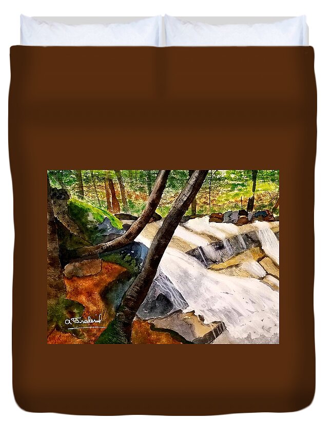 Waterfall Duvet Cover featuring the painting Cindys' Waterfall by Ann Frederick