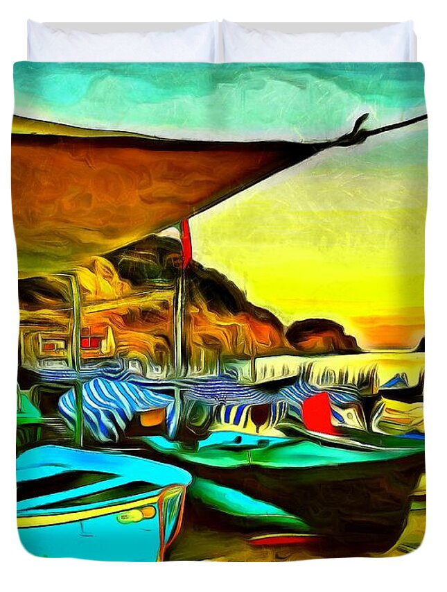 Cinque Terre Duvet Cover featuring the photograph Cinque Terre Colorful Boats by Sea Change Vibes