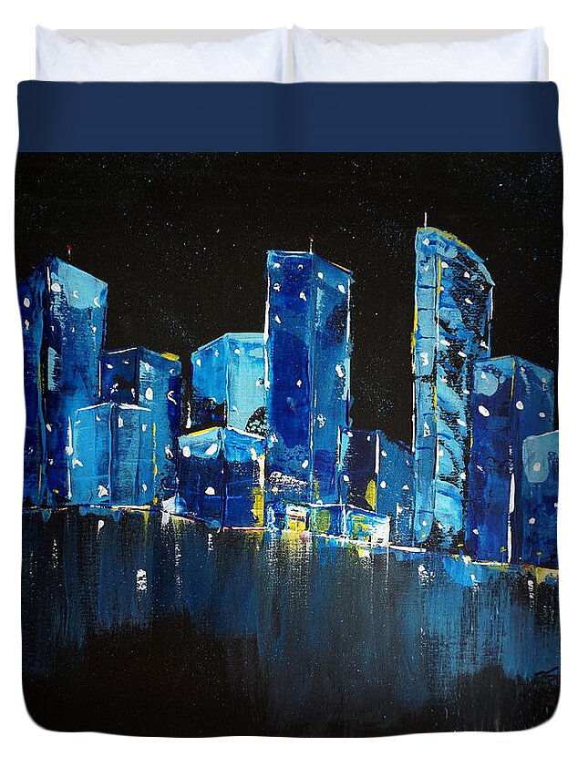 City Duvet Cover featuring the painting City At Night by Brent Knippel