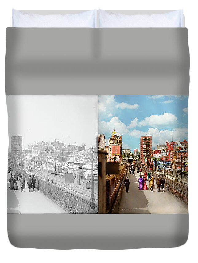 New York Duvet Cover featuring the photograph City - Brooklyn, NY - Infinite City 1908 - Side by Side by Mike Savad