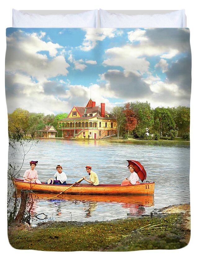 Chicago Duvet Cover featuring the photograph City - Chicago, IL - Boating at Garfield Park 1907 by Mike Savad