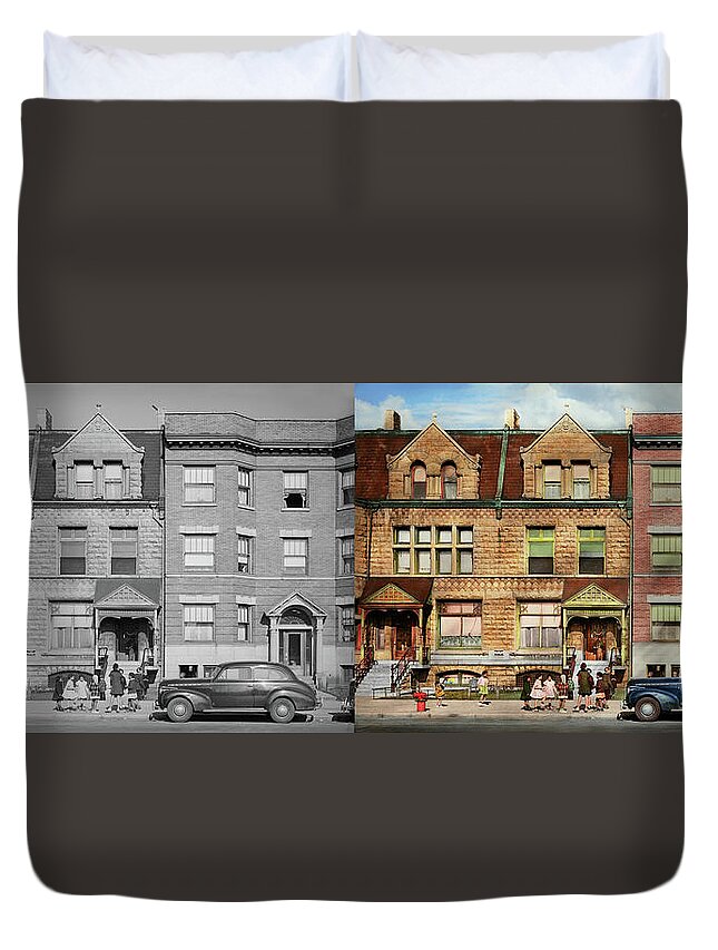 Chicago Duvet Cover featuring the photograph City - Chicago, IL - Can you come out to play 1941 - Side by Side by Mike Savad