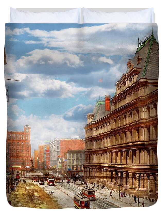 Cincinnati Duvet Cover featuring the photograph City - Cincinnati OH - Government Square 1902 by Mike Savad