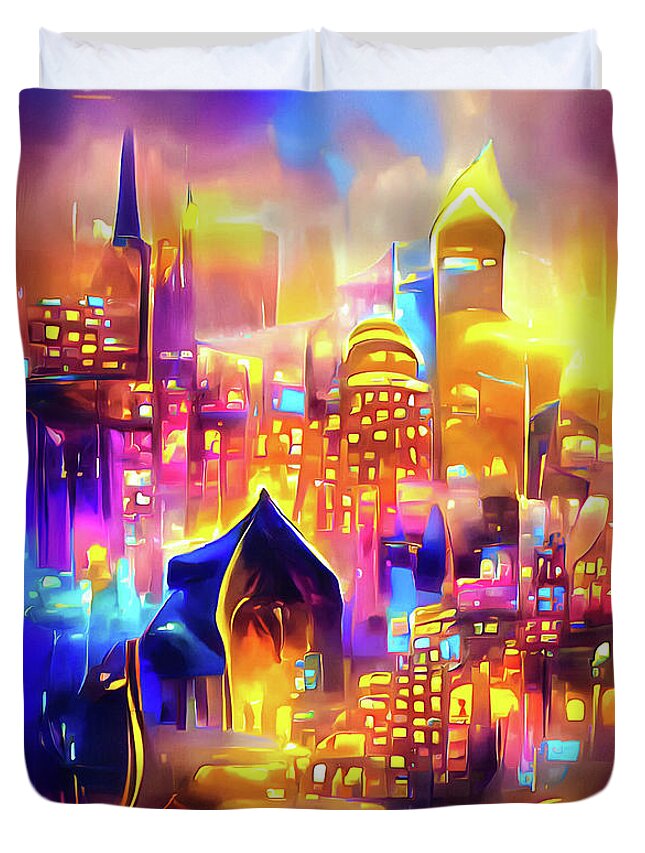 City Duvet Cover featuring the digital art City Lights 01 Magical Golden Glow by Matthias Hauser