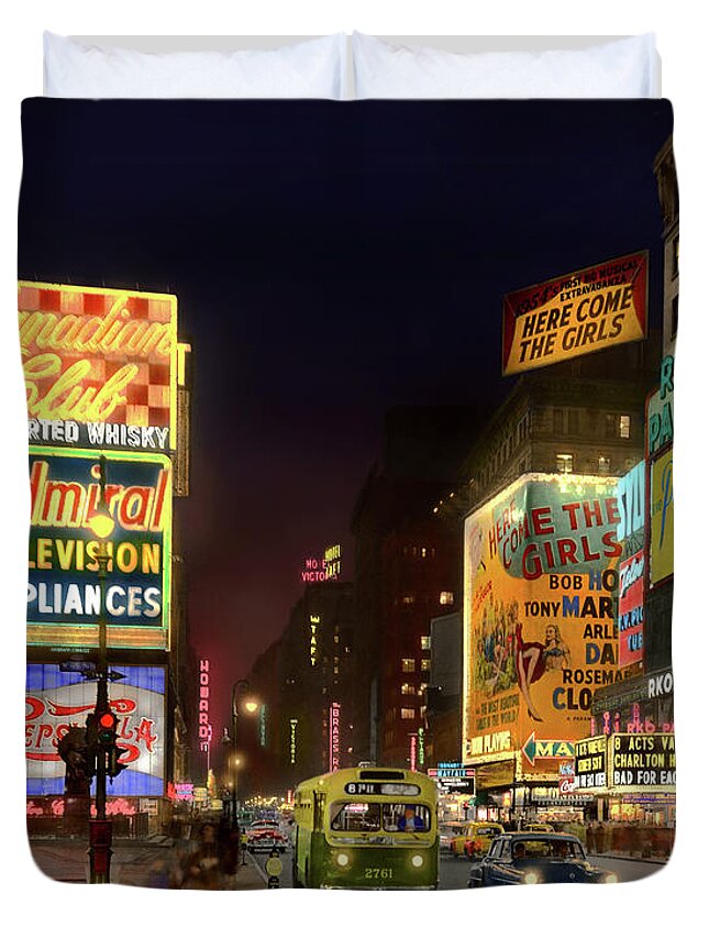 New York Duvet Cover featuring the photograph City - Manhattan, NY - Here comes the girls 1953 by Mike Savad