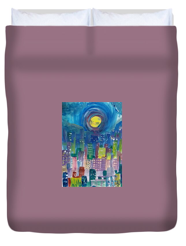 City Duvet Cover featuring the painting City Moon by James McCormack
