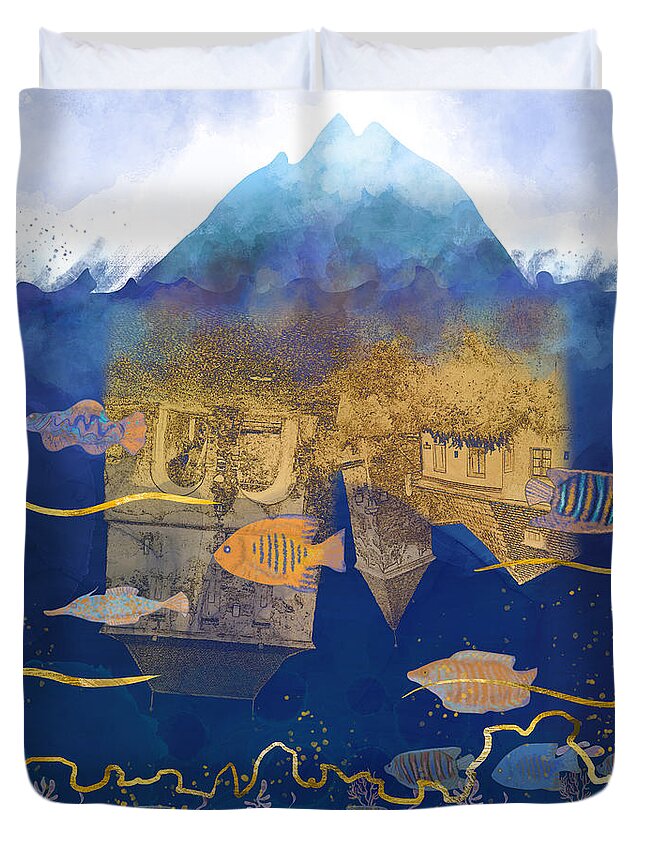 Climate Change Duvet Cover featuring the digital art City Under Water #2 - Climate Change Surrealism by Andreea Dumez