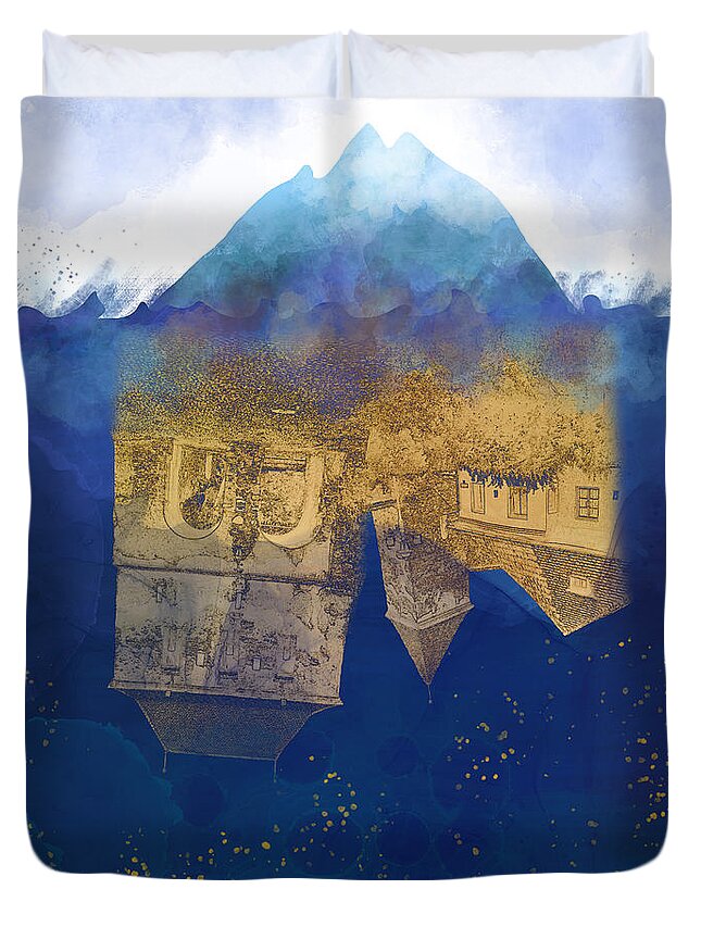 Climate Duvet Cover featuring the digital art City Under Water - Climate Change Surrealism by Andreea Dumez