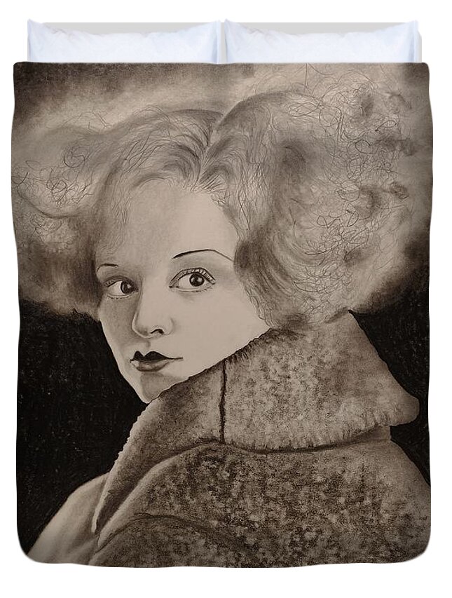Clara Bow Duvet Cover featuring the drawing Clara Bow by Lise PICHE