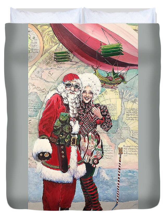 Santa Duvet Cover featuring the painting Claus's Dirigible Delivery by Merana Cadorette