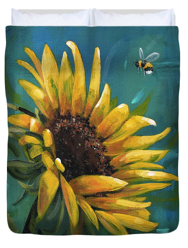 Summer Duvet Cover featuring the painting Cleared for Landing - Sunflower painting by Annie Troe