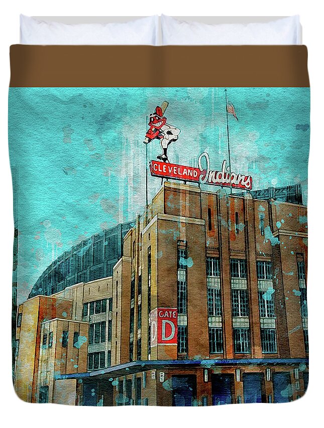 Cleveland Municipal Stadium Duvet Cover featuring the mixed media Cleveland Lakefront Municipal Stadium by Pheasant Run Gallery