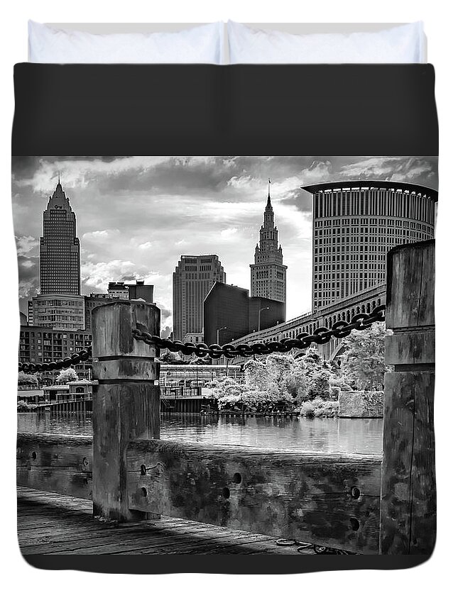 Cleveland Skyline Duvet Cover featuring the photograph Cleveland Ohio Architectural Monochrome by Gregory Ballos