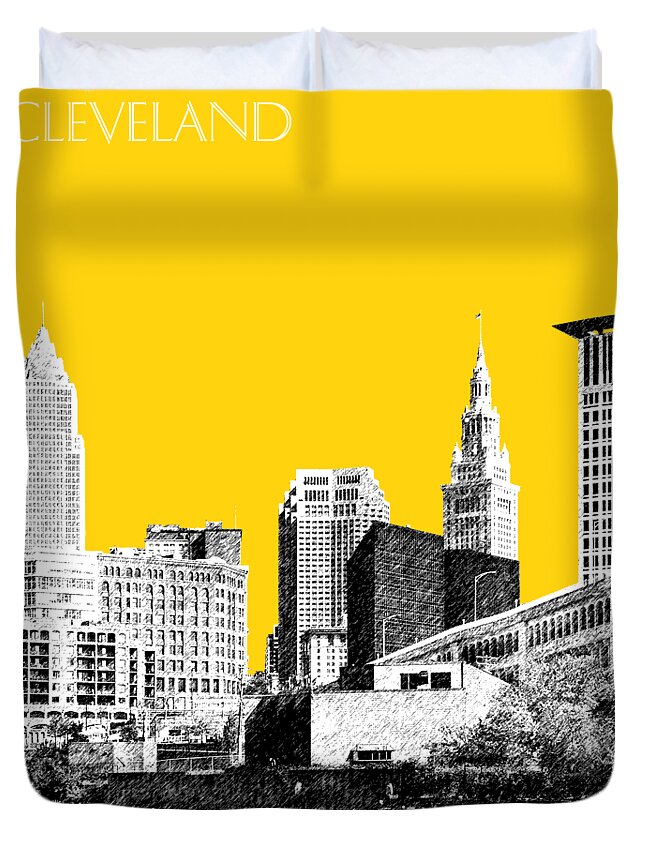 Architecture Duvet Cover featuring the digital art Cleveland Skyline 3 - Mustard by DB Artist