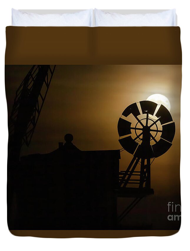Cley Duvet Cover featuring the photograph Cley windmill silhouette with full moon fantail by Simon Bratt