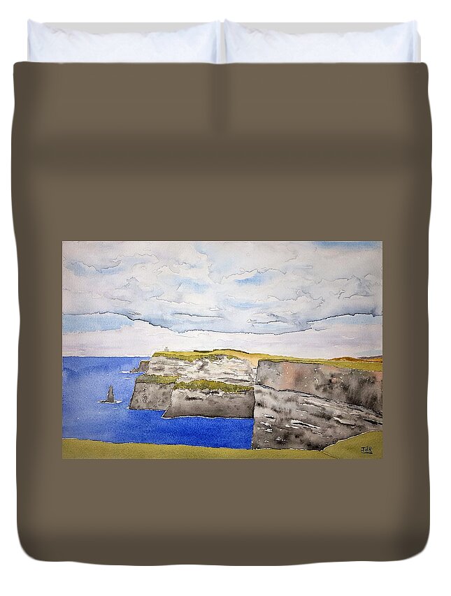 Watercolor Duvet Cover featuring the painting Cliffs of Moher by John Klobucher