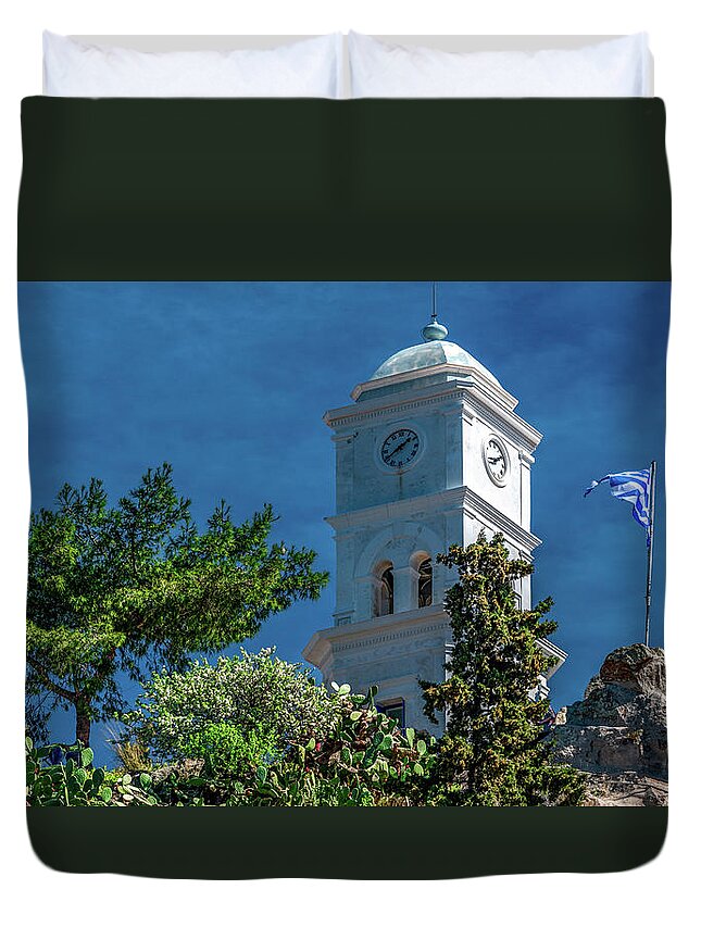 Poros Duvet Cover featuring the photograph Clock Tower in Poros, Greece by Marcy Wielfaert