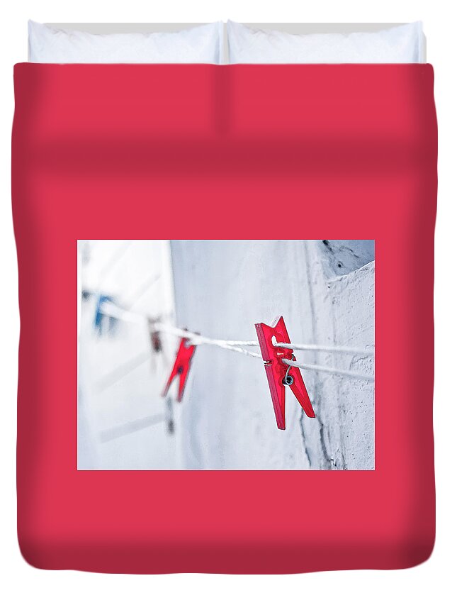 Clothes Line Mykonos Greece Red Clothespin Duvet Cover featuring the photograph Clothesline in Mykonos, Greece by David Morehead