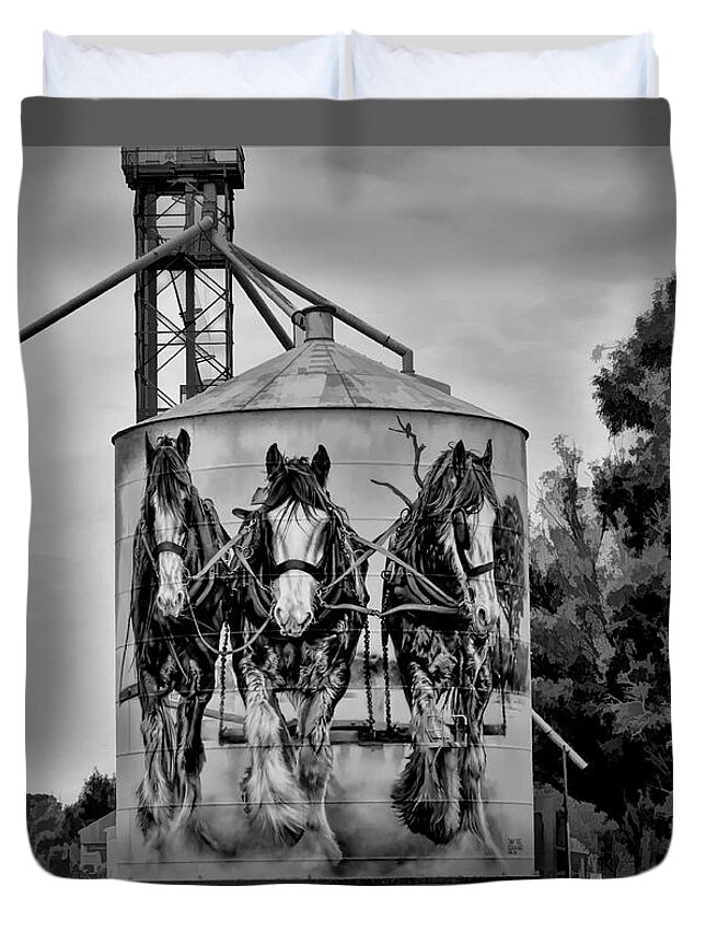 Black And White Duvet Cover featuring the mixed media Clydesdale Horses Goorambat Silo Black And White by Joan Stratton
