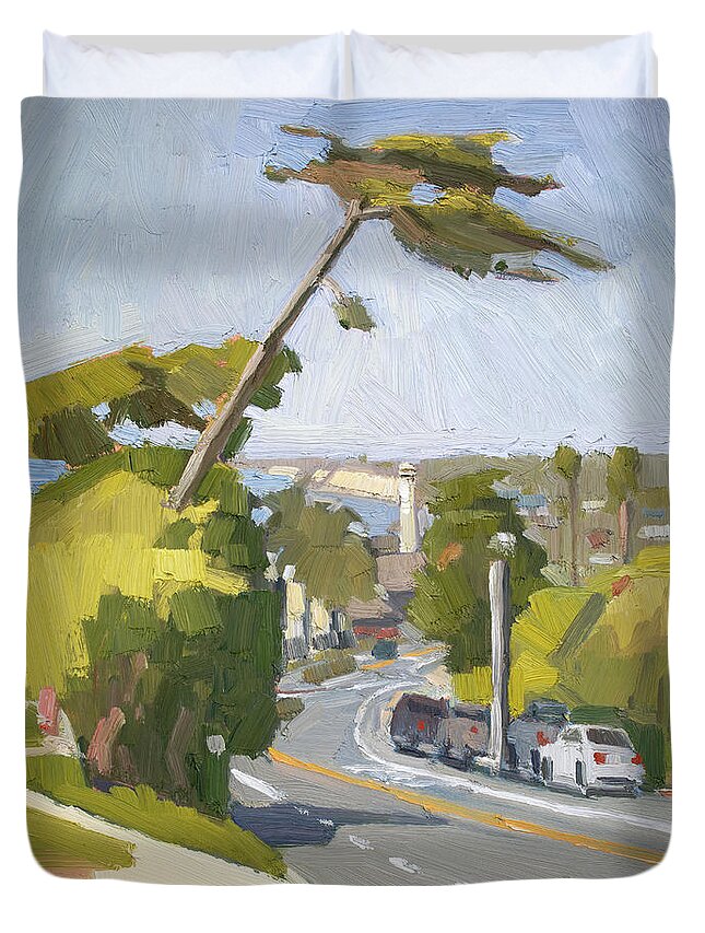 Del Mar Duvet Cover featuring the painting Coast Blvd. Towards Powerhouse - Del Mar, California by Paul Strahm