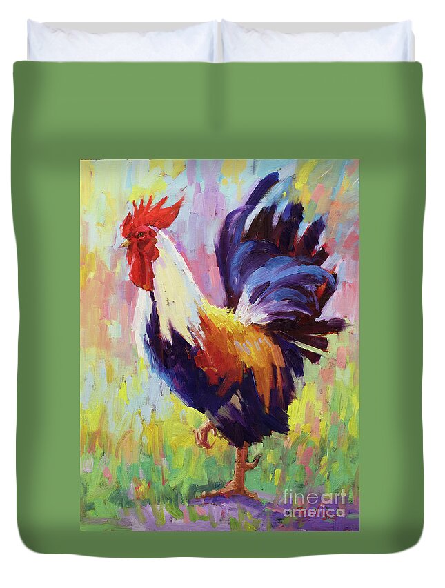 Cock Of The Walk Roosters Original Rooster Oil Painting Gary Modern impressionism paintings Impressionistic Rooster Oil Painting Original Oil Painting Impressionism Impressionist Techniques Impressionist Style painting oil on Canvas Chicken Nature Feathers Proudness Rooster The Proud Rooster Walks Through The Tall Grass In Search Hens Animal Styles Impressionism Rooster farm chicken Art Impressionist Landscape Richly Colored Textured Paint Stroke Unique  proud Rooster country Farm Duvet Cover featuring the painting Cock of the Walk by Gary Kim
